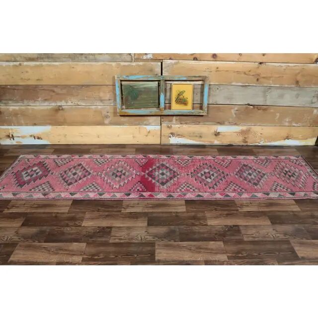 Vintage neutral pink Turkish hand-knotted runner 83x332