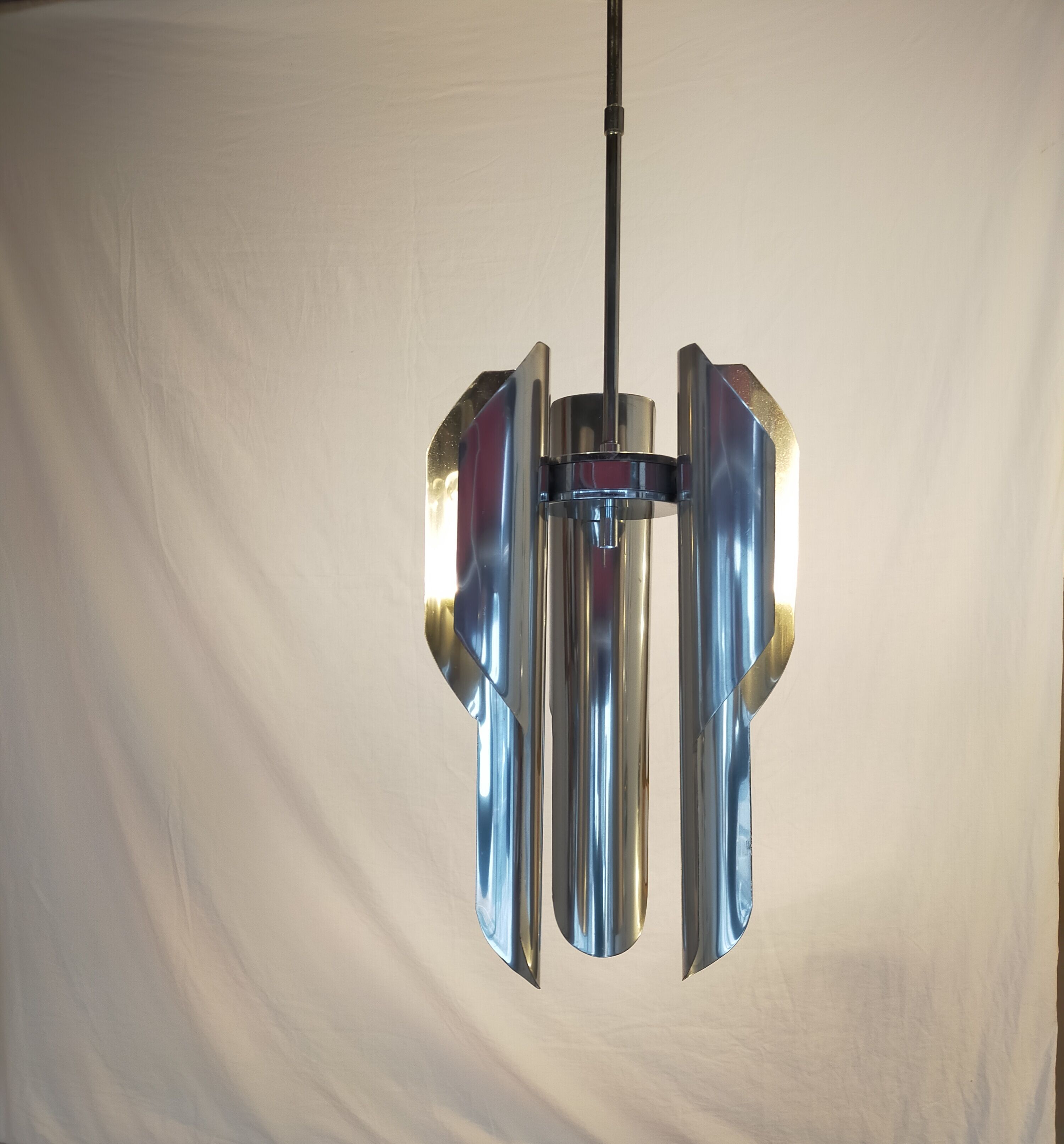 Chrome metal pendant lamp from the 1970s