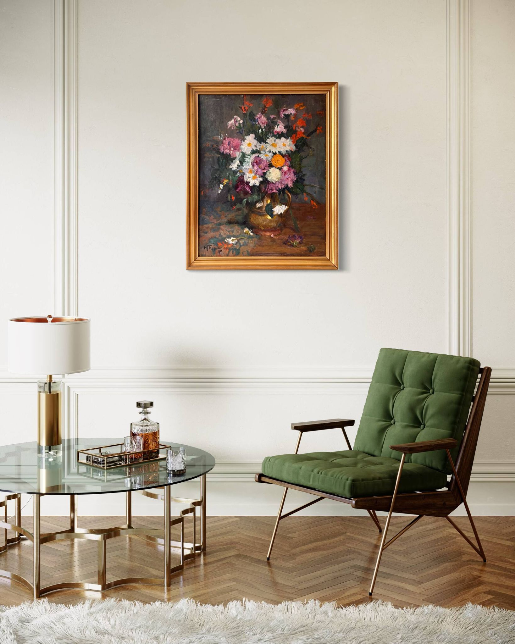 Large oil on canvas of a still life with flowers 1929, antique painting.