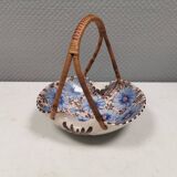 Beautiful small painted ceramic basket with woven handle
