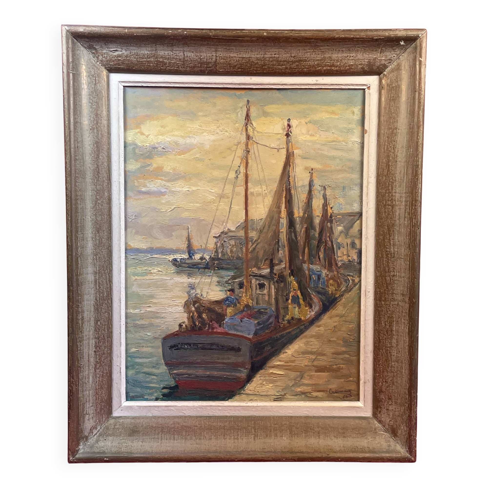 oil on panel signed Crismane - Fishing port, Brittany