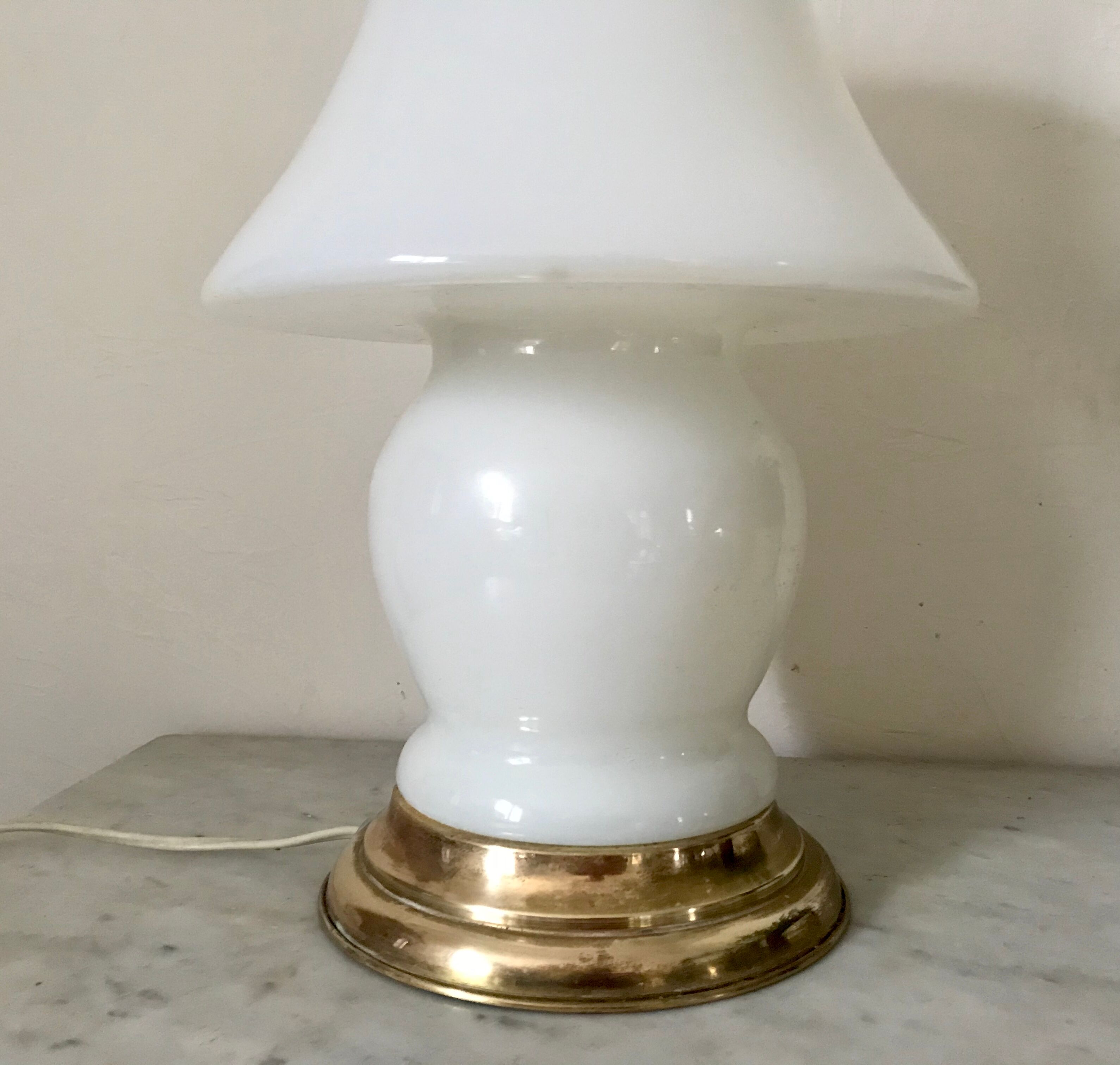 Vintage opaline and brass mushroom lamp