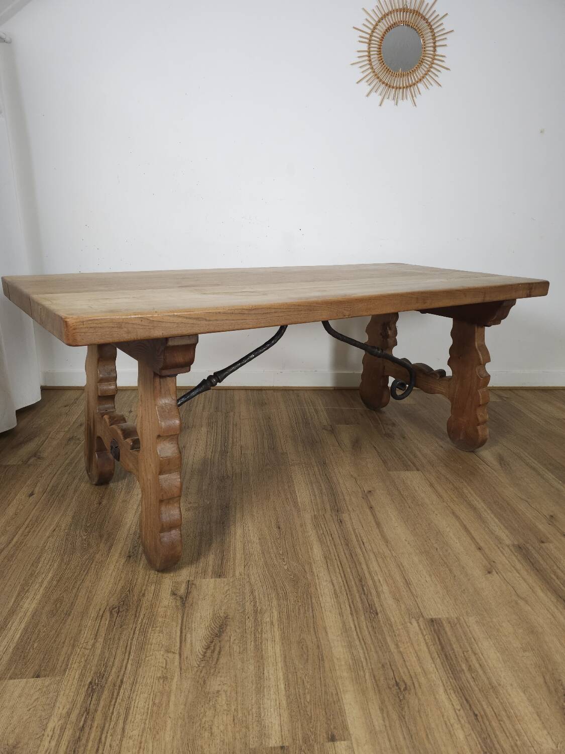 Rustic solid oak table with wrought iron, circa 1950.