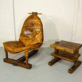 Brutalist Brazilian Style Patched Leather Lounge Chair and Side Table 60s