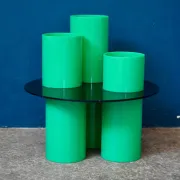 Green plexiglass coffee table in Memphis design style from the 1980s.