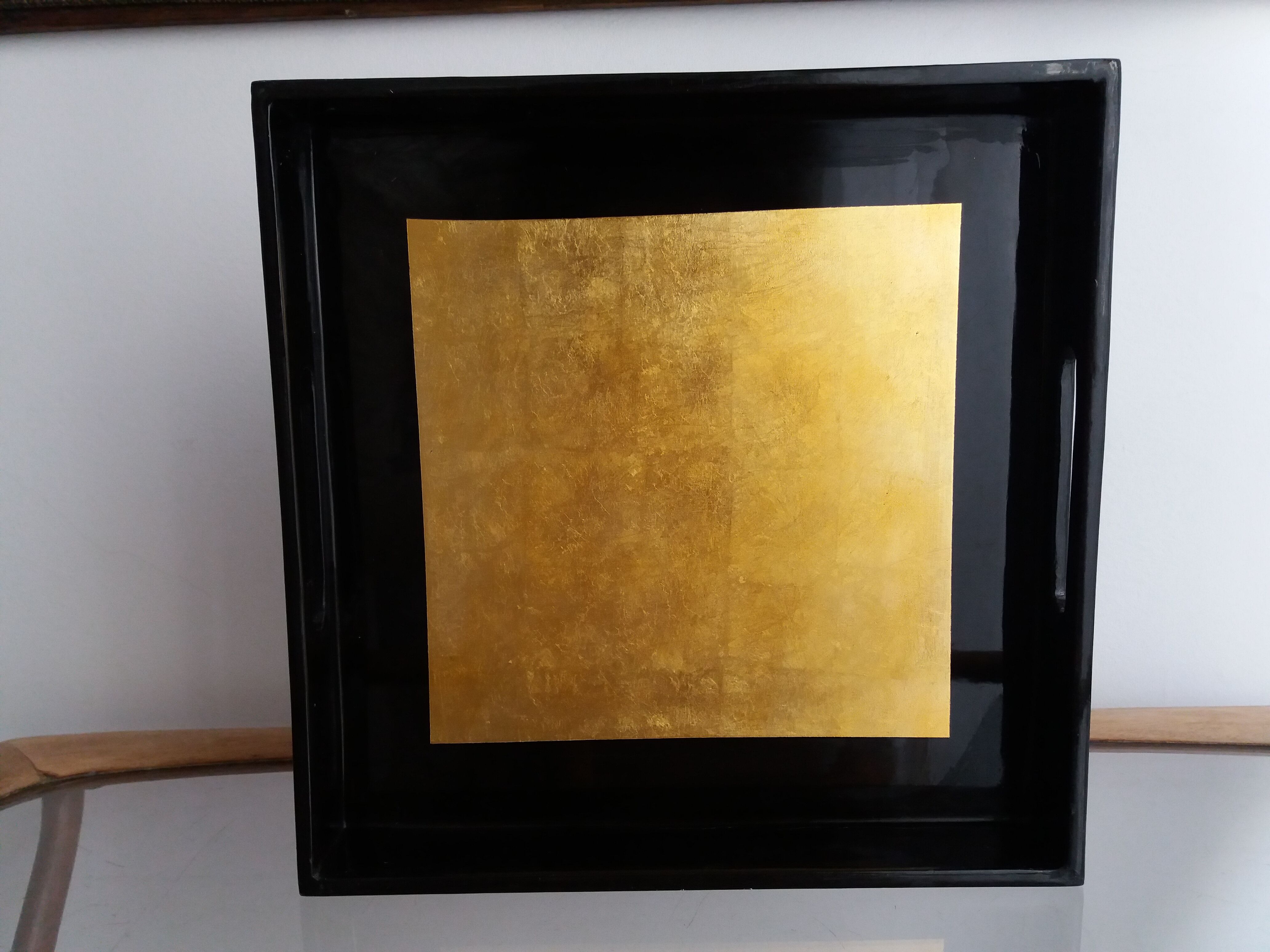 Japanese black lacquered wooden tray decorated with aze gold leaf