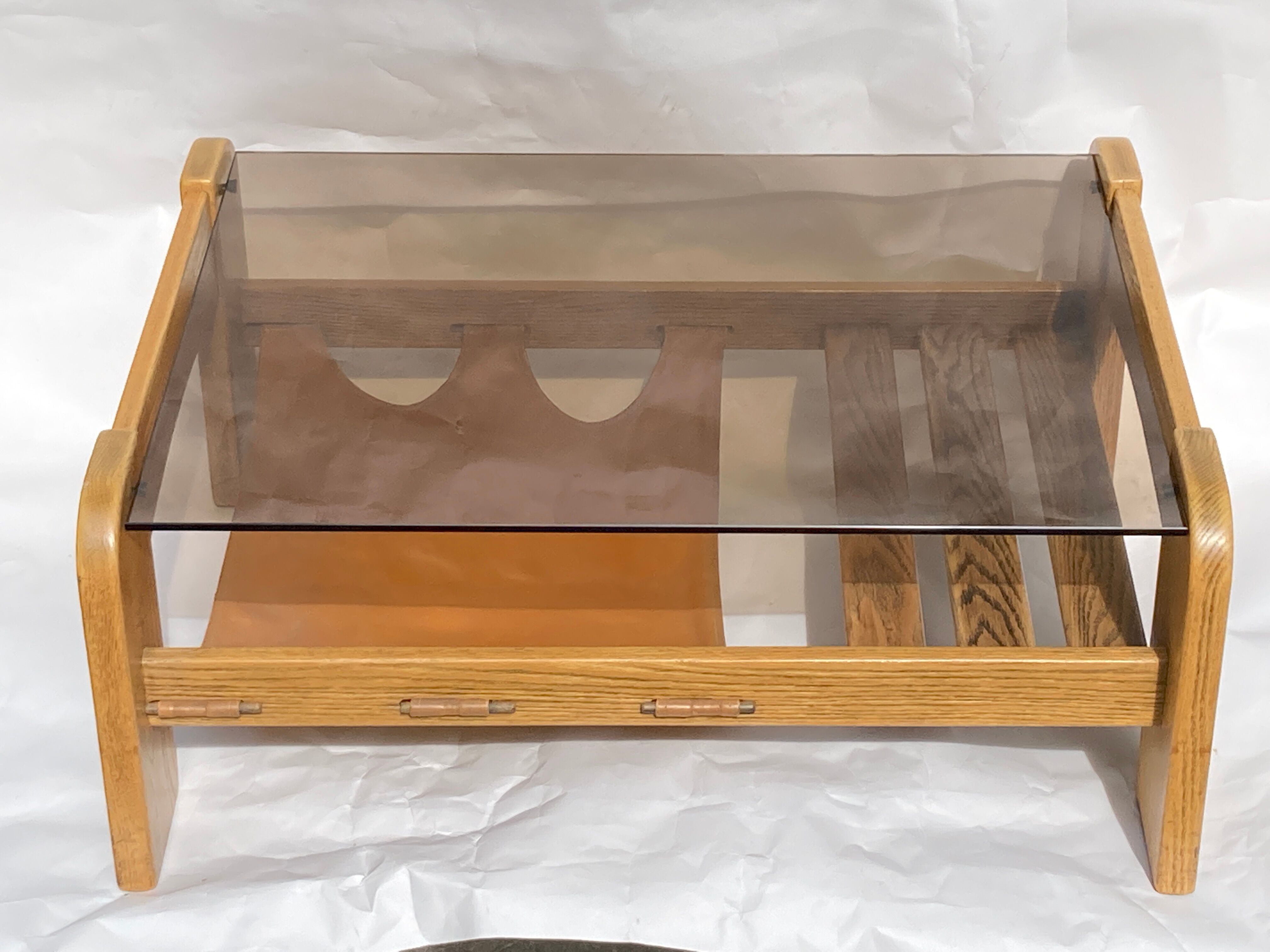 Brutalist wabi sabi slated coffee table with leather magazine holder