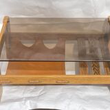 Brutalist wabi sabi slated coffee table with leather magazine holder
