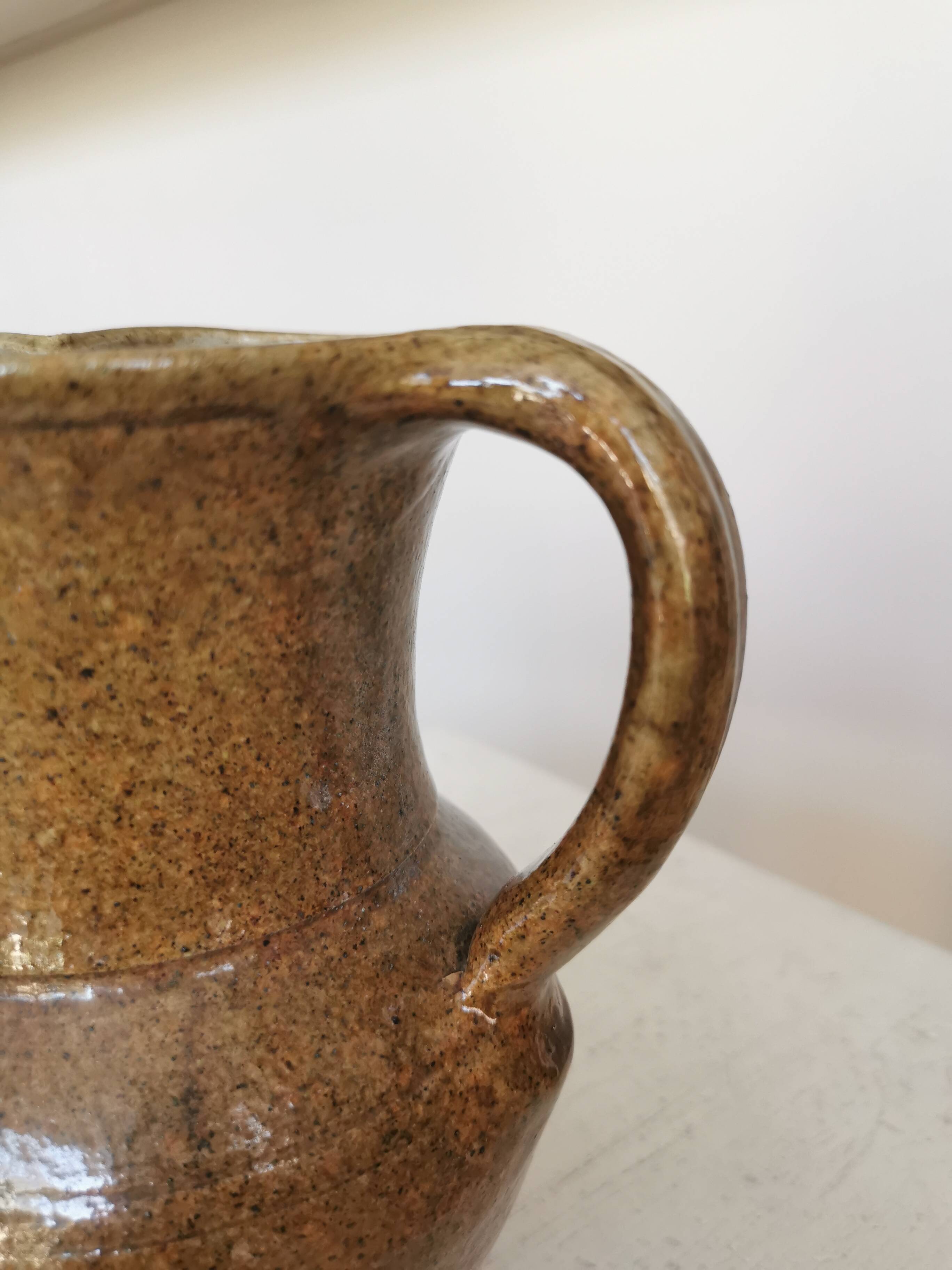 Vintage Studio Pottery Owl Pitcher: Speckled Glaze Stoneware Vase