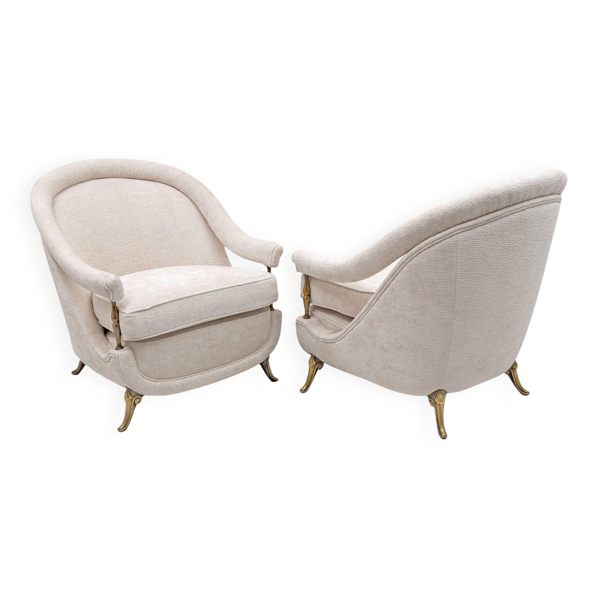Pair of French Mid-Century Armchairs in Art Deco Style with Brass Details