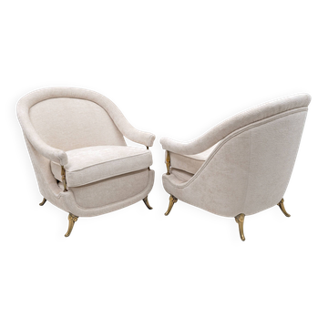 Pair of French Mid-Century Armchairs in Art Deco Style with Brass Details