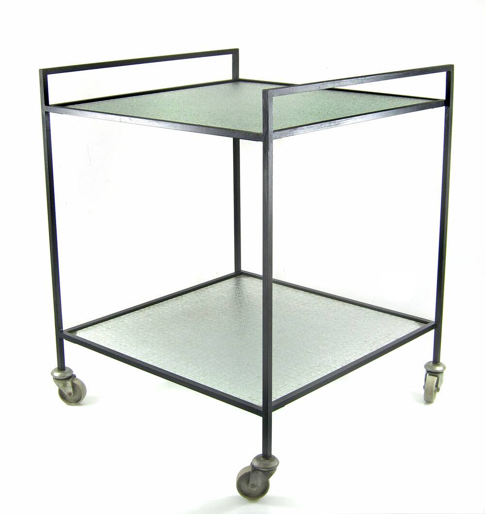 Minimal steel and wired glass sixties tea trolley
