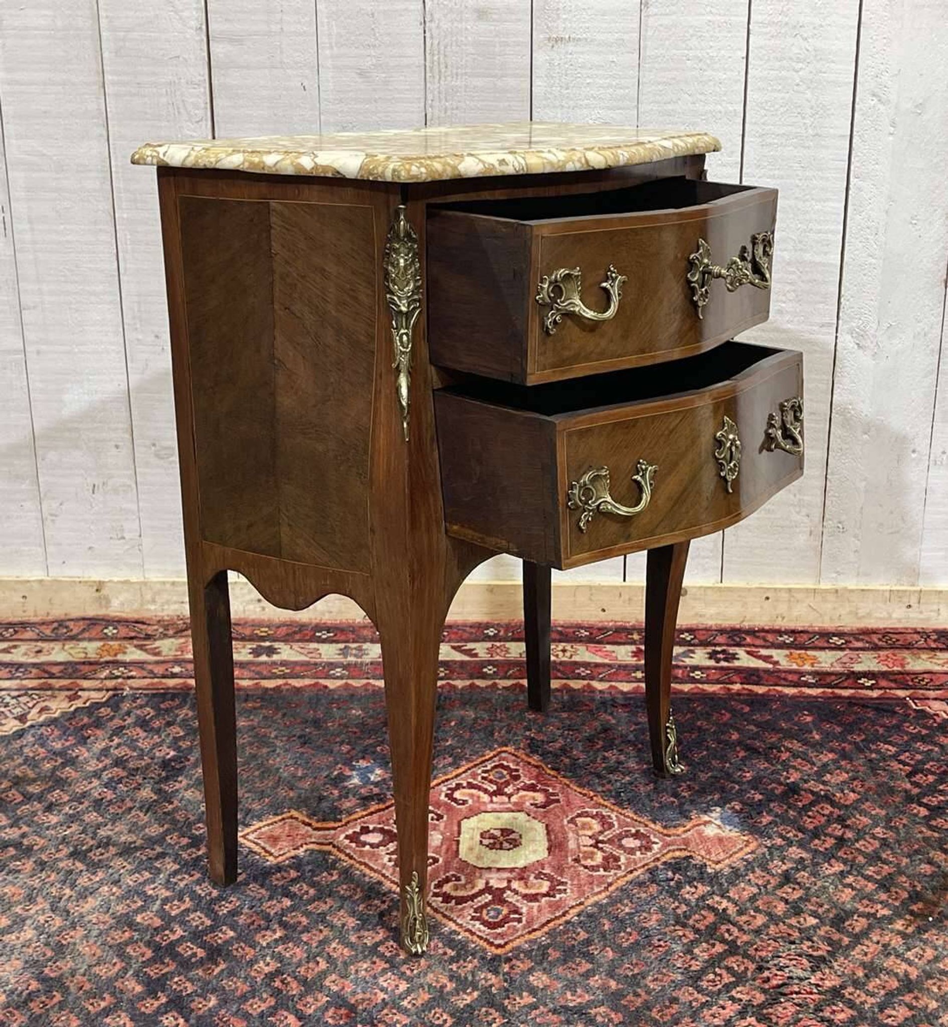 Late 19th-century Louis XV commode in oak, rosewood, and marble top