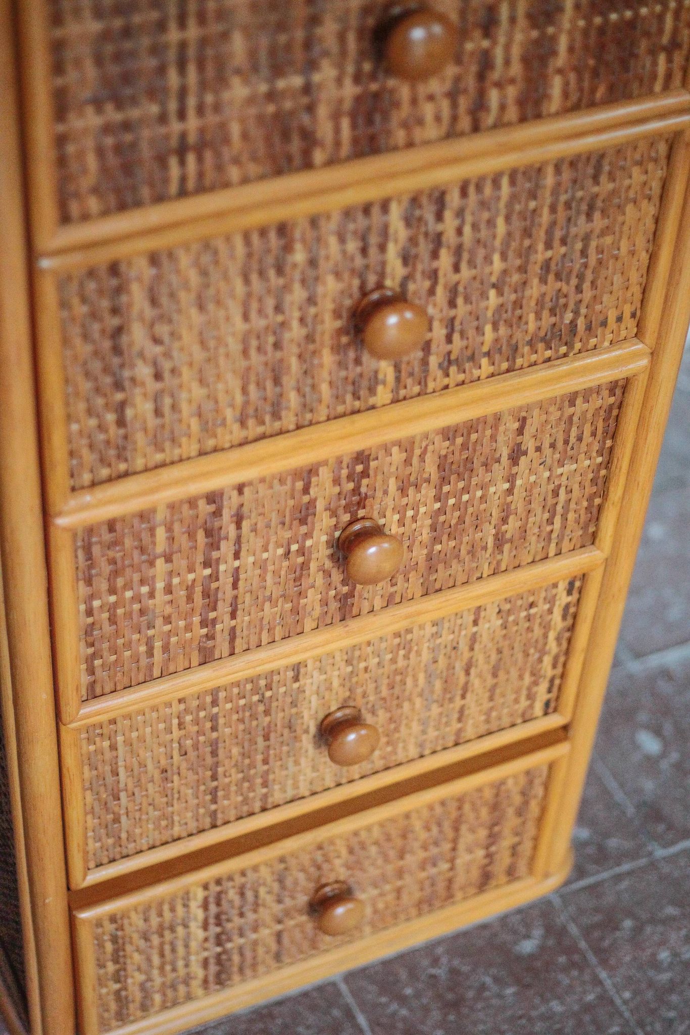 Vintage chest of drawers, Maugrion rattan weekly organizer for Roche Bobois