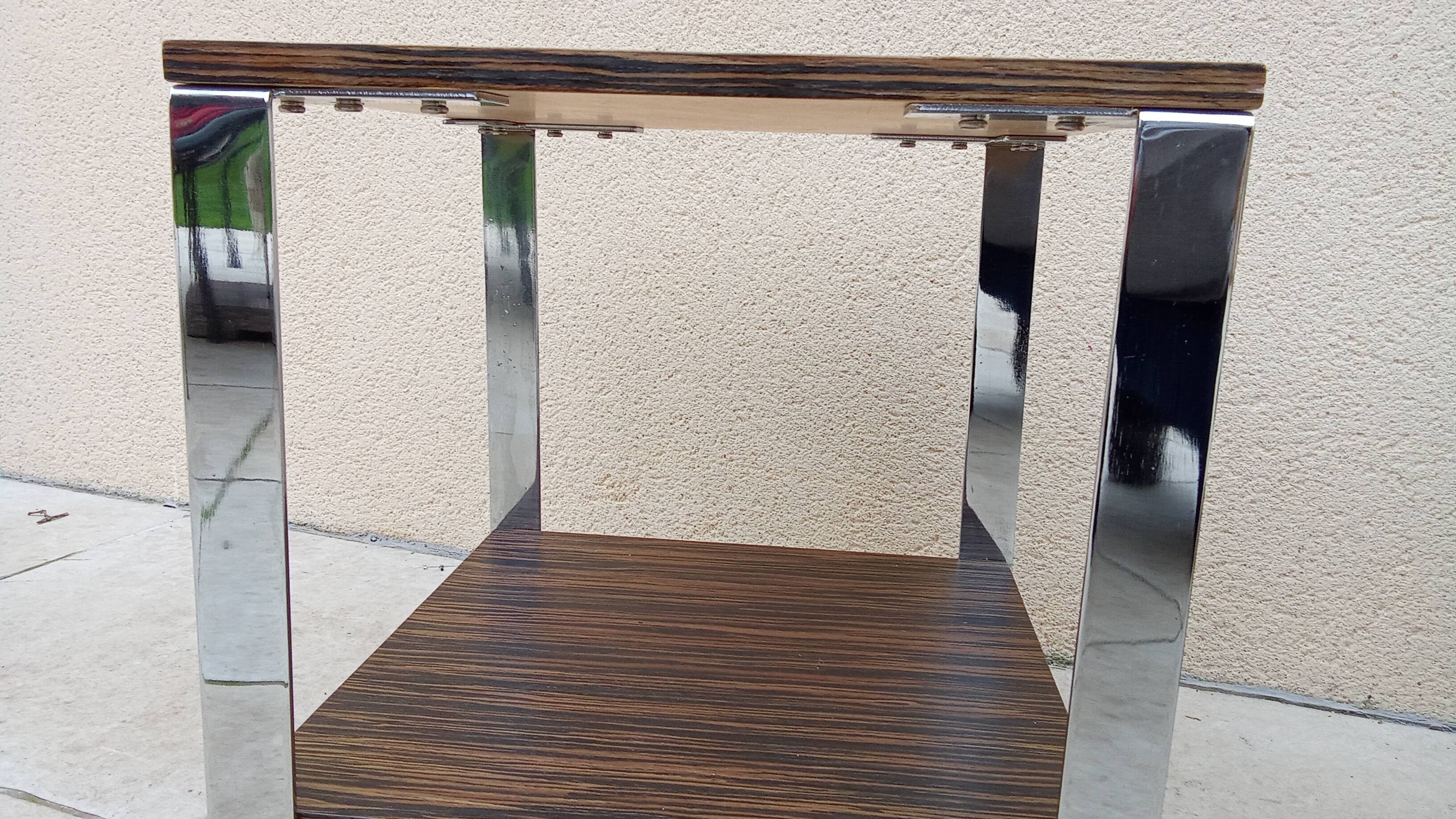 Pair of vintage 70s chrome zebrano wood bedside tables