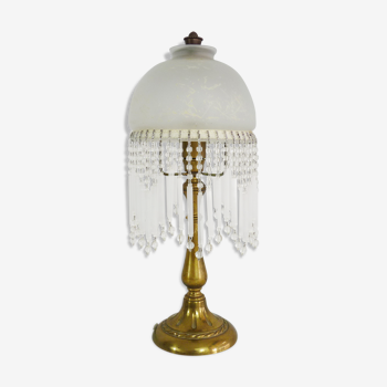 Lampe de table de chevet globe à motifs floraux et perles en verre. Année 60 70