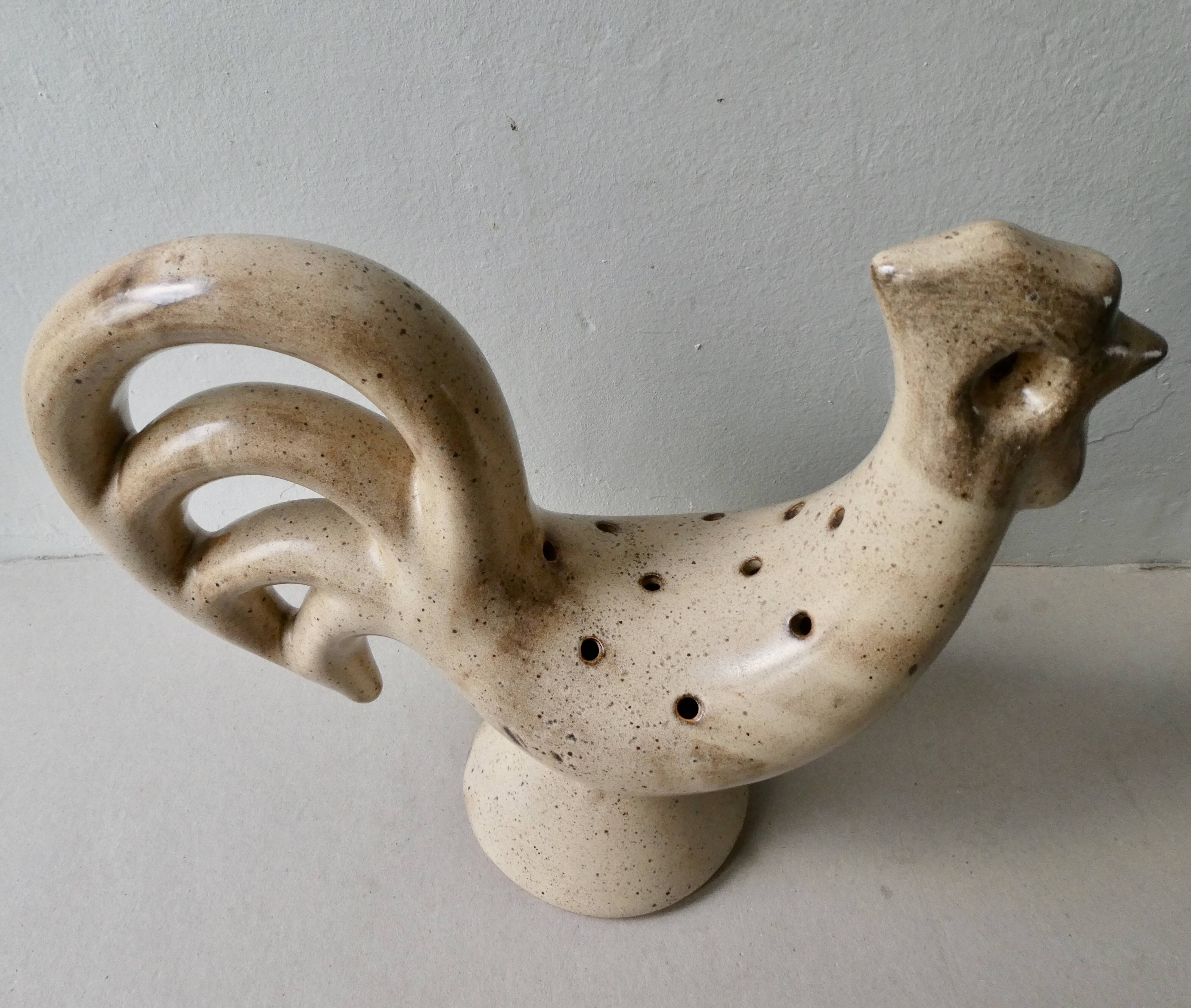 Flower base ceramic rooster, signed Dieulefit Caves, height 32 cm