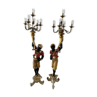 Lampadaires nubiens porte torchère en bois polychrome