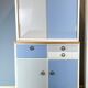 Kitchen cabinets, pastel blue and light gray, vintage from the 60s