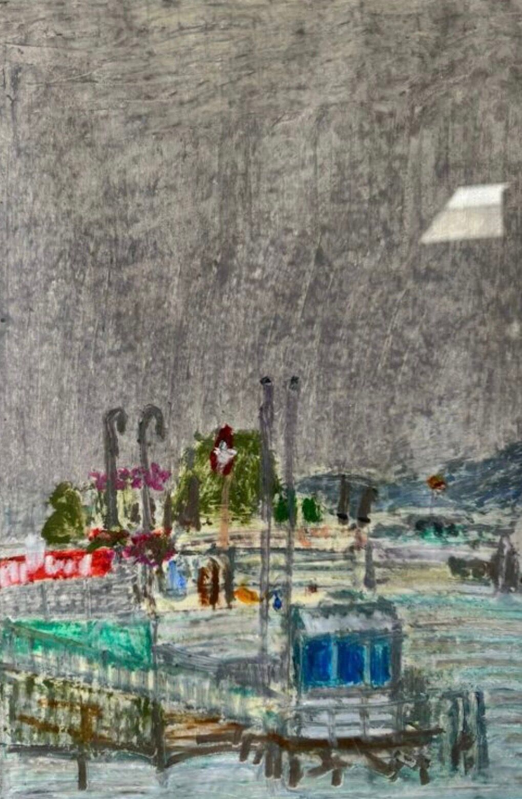Tableau Marine. Original pastel signed by Henri Reiter. Port Normandie.