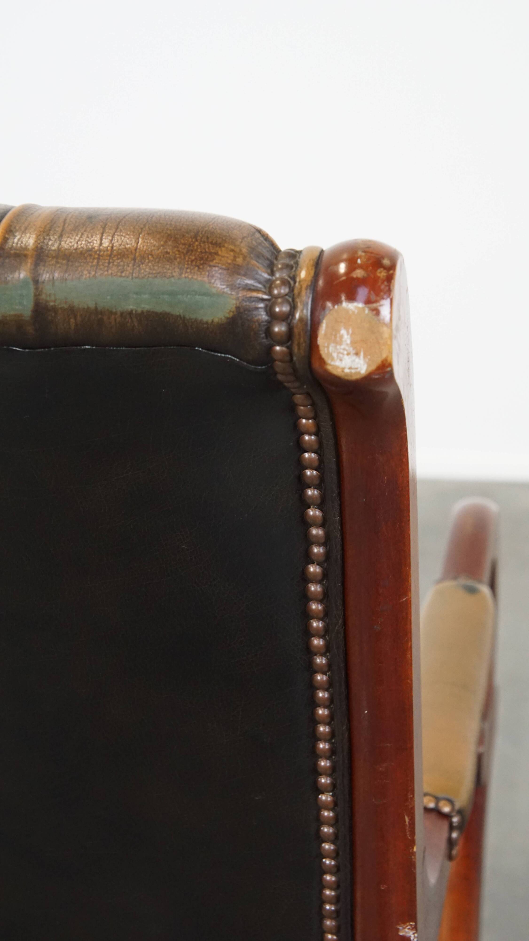 Green Vintage English Chesterfield Armchair with Wood Accents