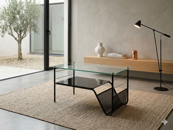 Table basse métal et verre avec porte revue Roche Bobois des années 50'