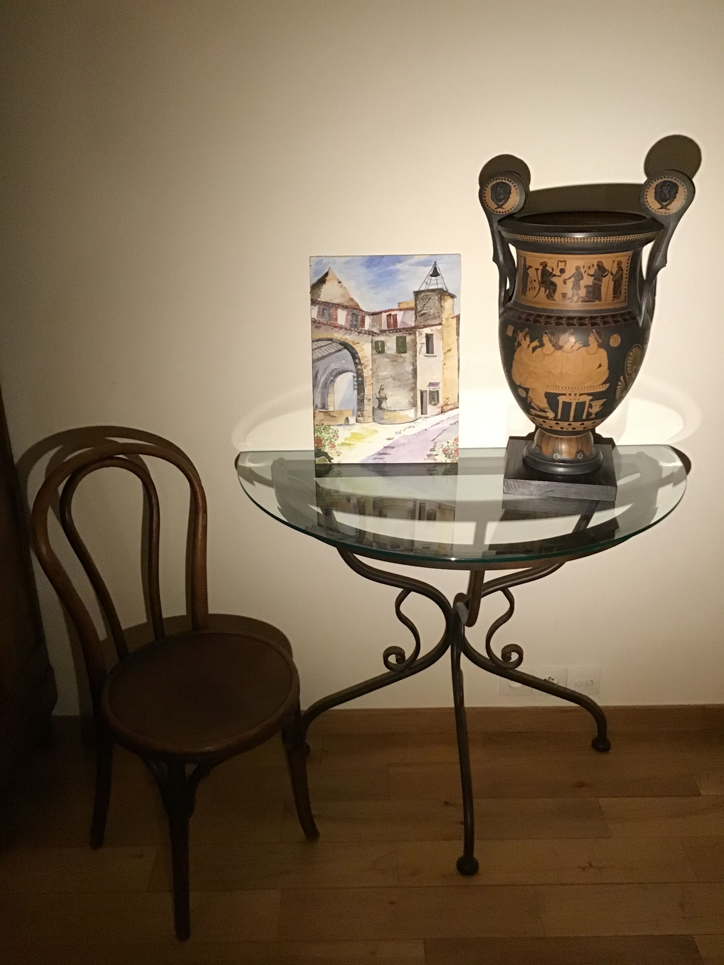 Painting, landscape, village scene at fountain