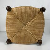 Brutalist wood turned bobbin rush stool in the style of Charles Dudouyt