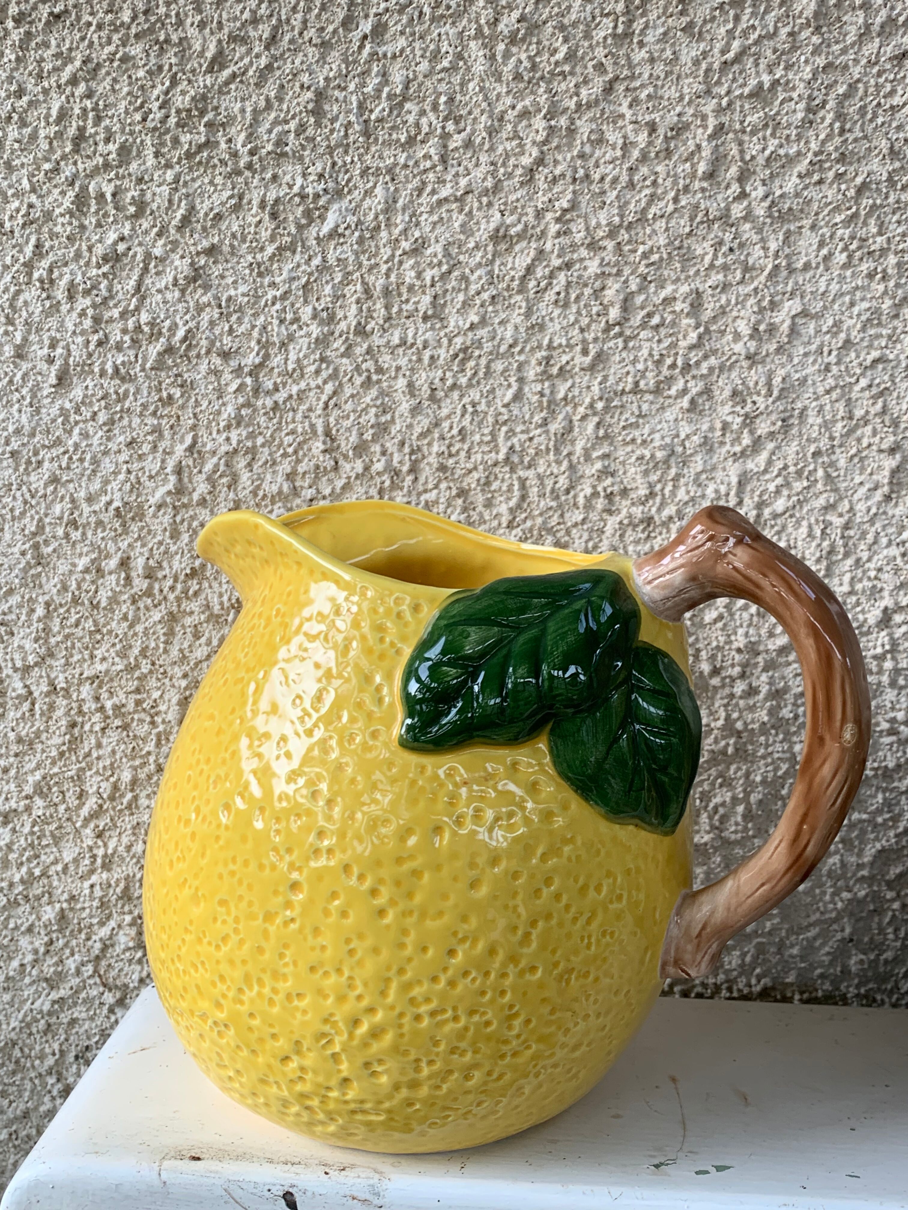 Lemon pitcher in ceramic slurry glazed yellow and green vintage