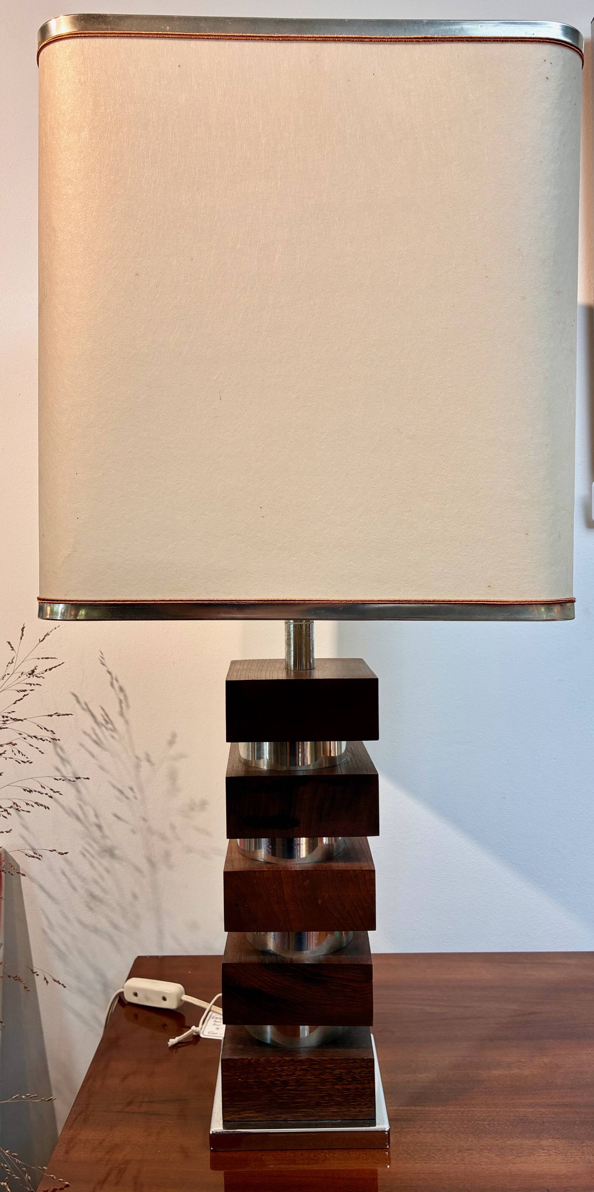 Large vintage architectural table lamp – Stacked Wood & Metal Base