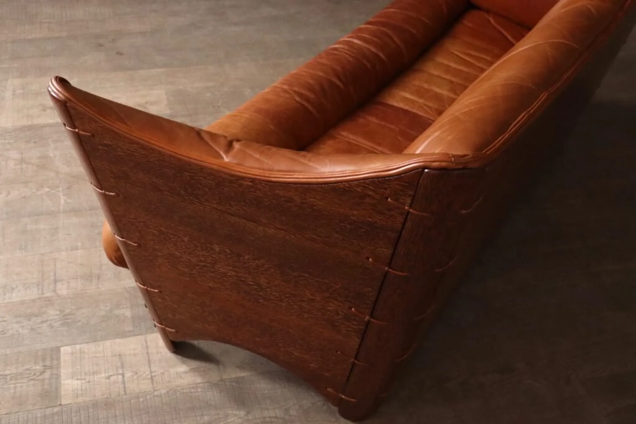 Mid-century sofa in cognac leather and wood by Pacific Green, Australia 1980s