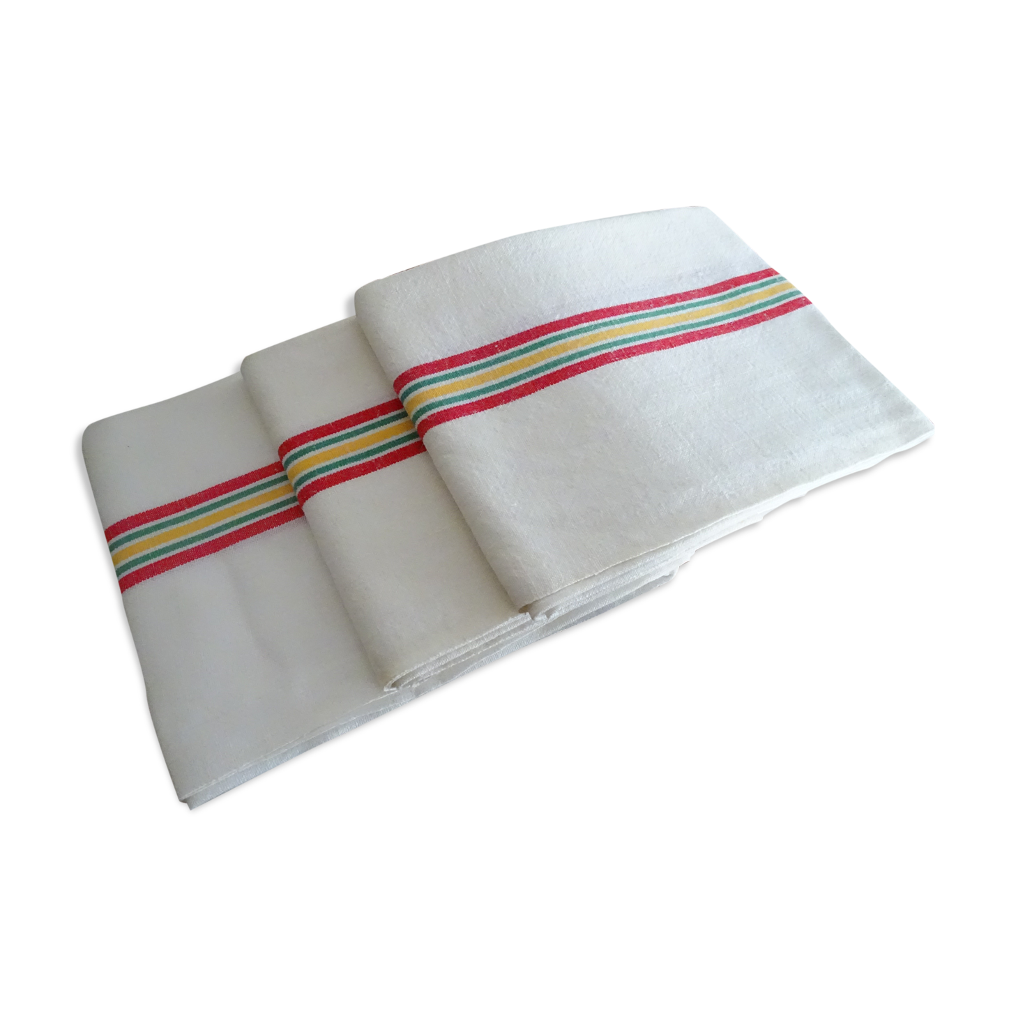 3 old linen cotton tea towels with vintage bedding