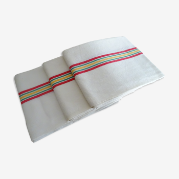 3 old linen cotton tea towels with vintage bedding