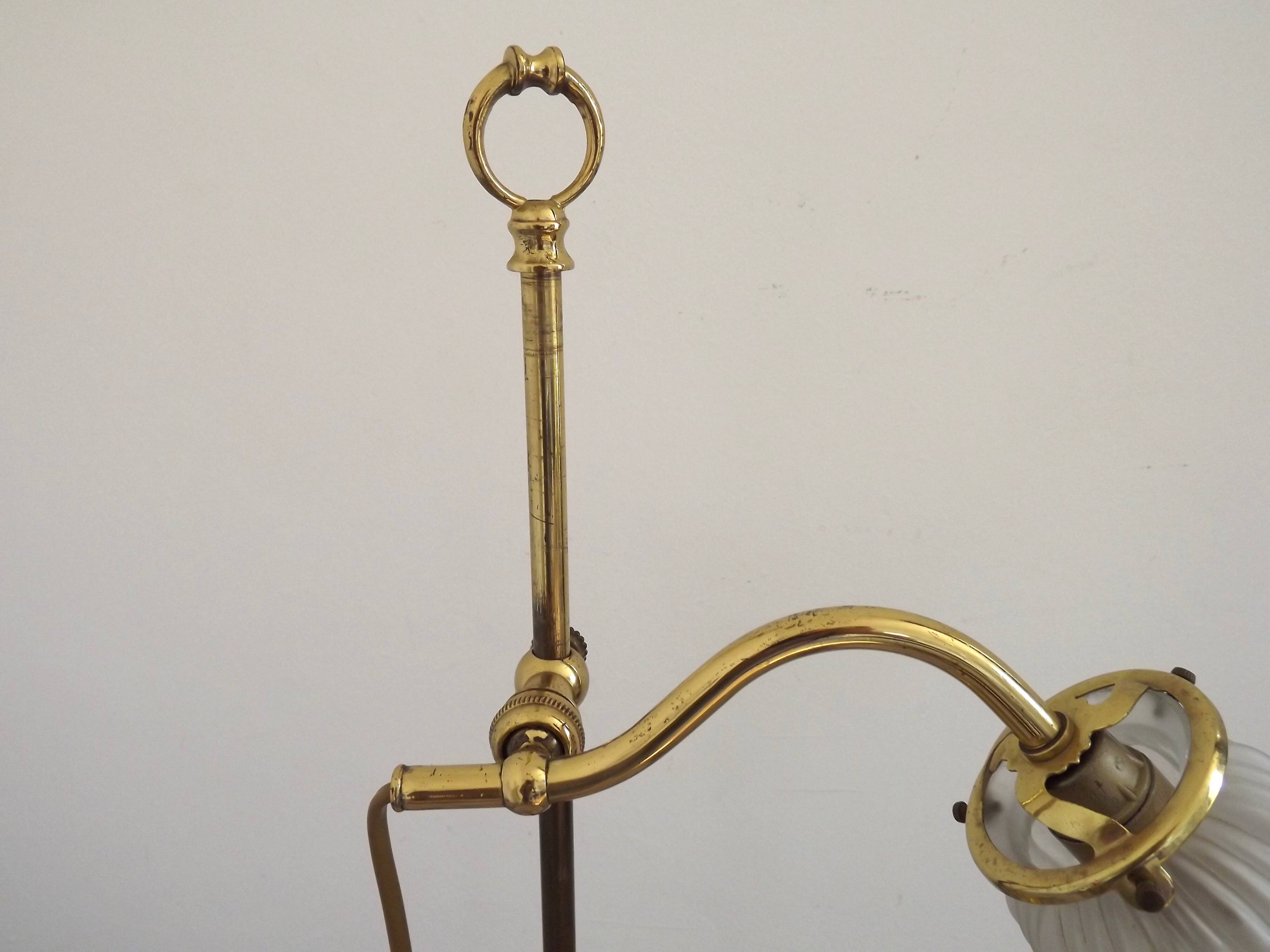 French antique brass goose neck table lamp with white opaque glass shade 5468.