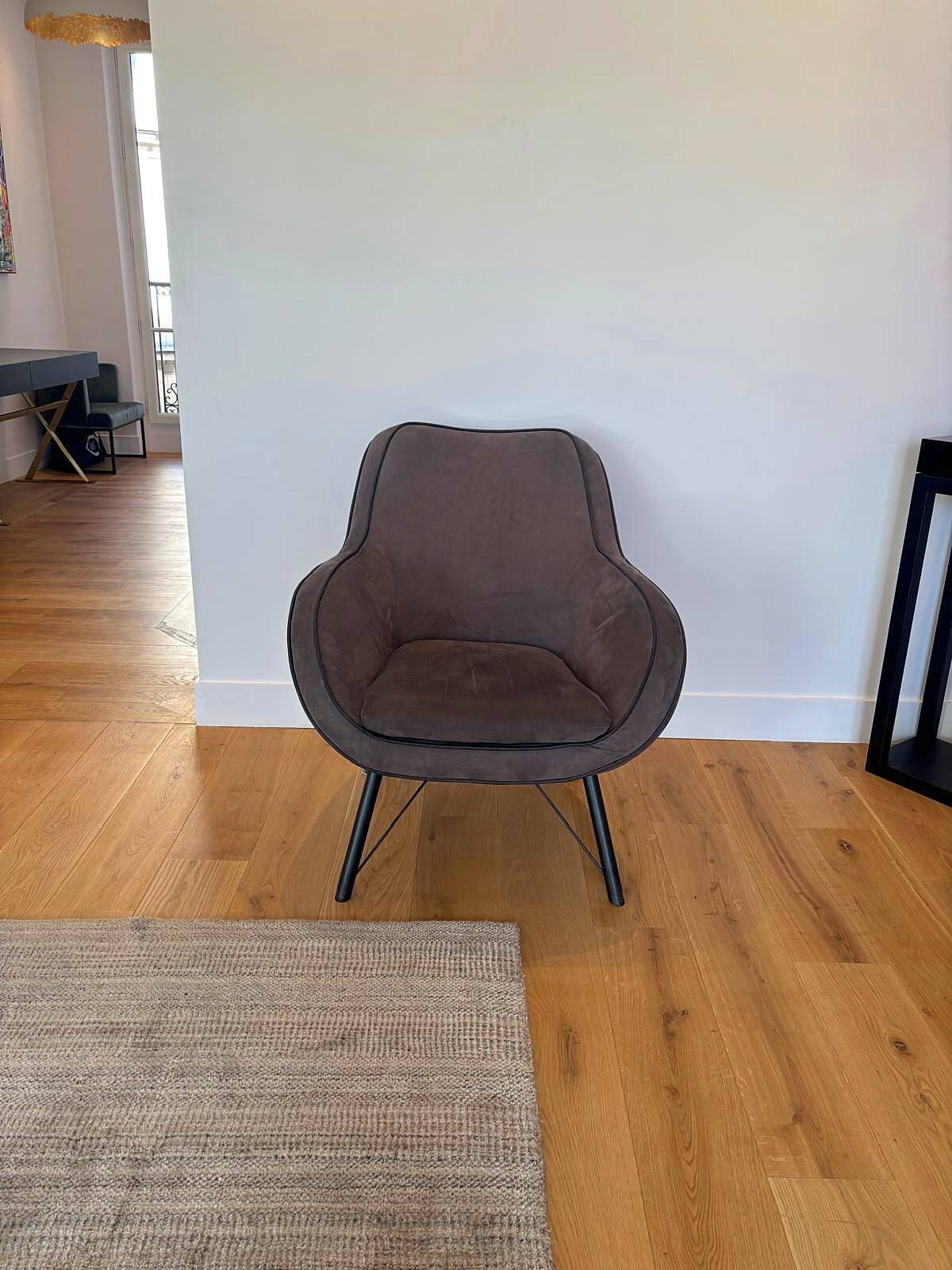 Pair of Joe PMP furniture armchairs in anthracite grey fabric.