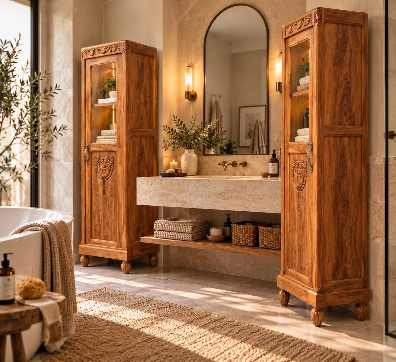 Rare pair of Art Deco glass columns in solid walnut – renovated