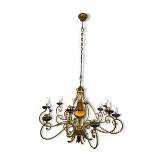 Masca chandelier in gilded wrought iron with gold leaf Aladdin Collection 12 branches in very good condition.