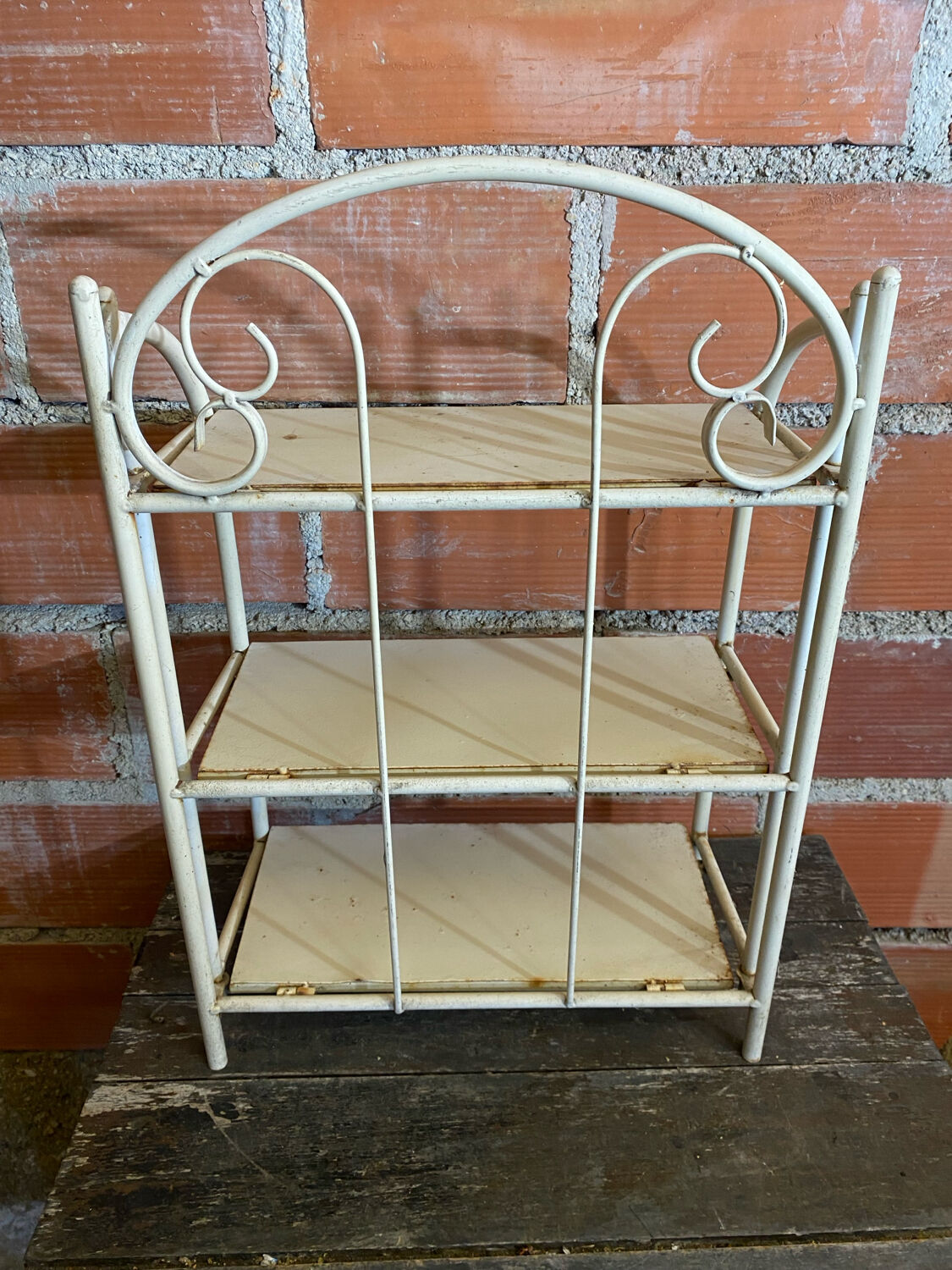 Vintage White Broken Metal Folding Shelf Unit 3 Tiers