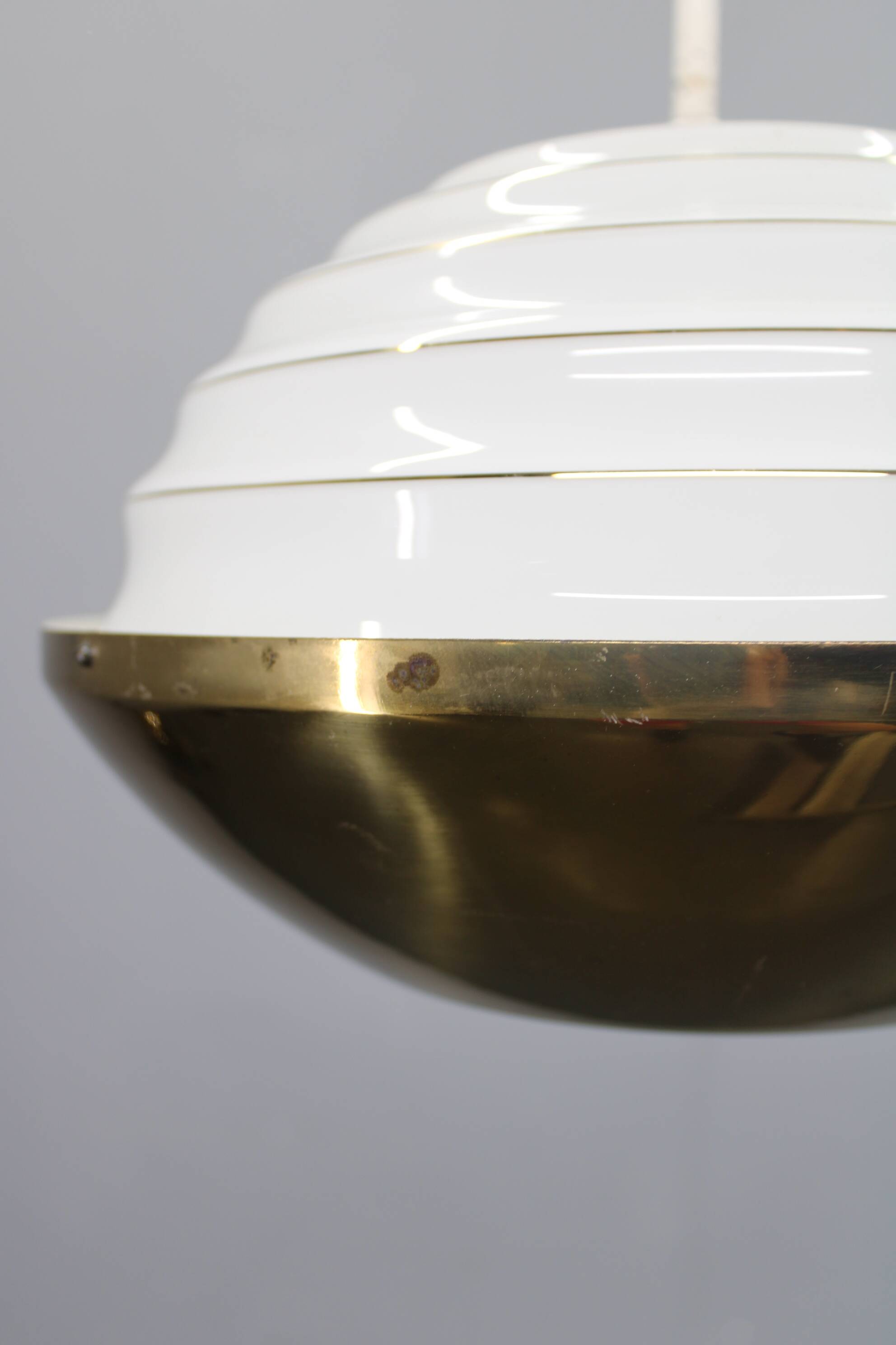 1950s Czechoslovak brass pendant with opaline glass diffuser