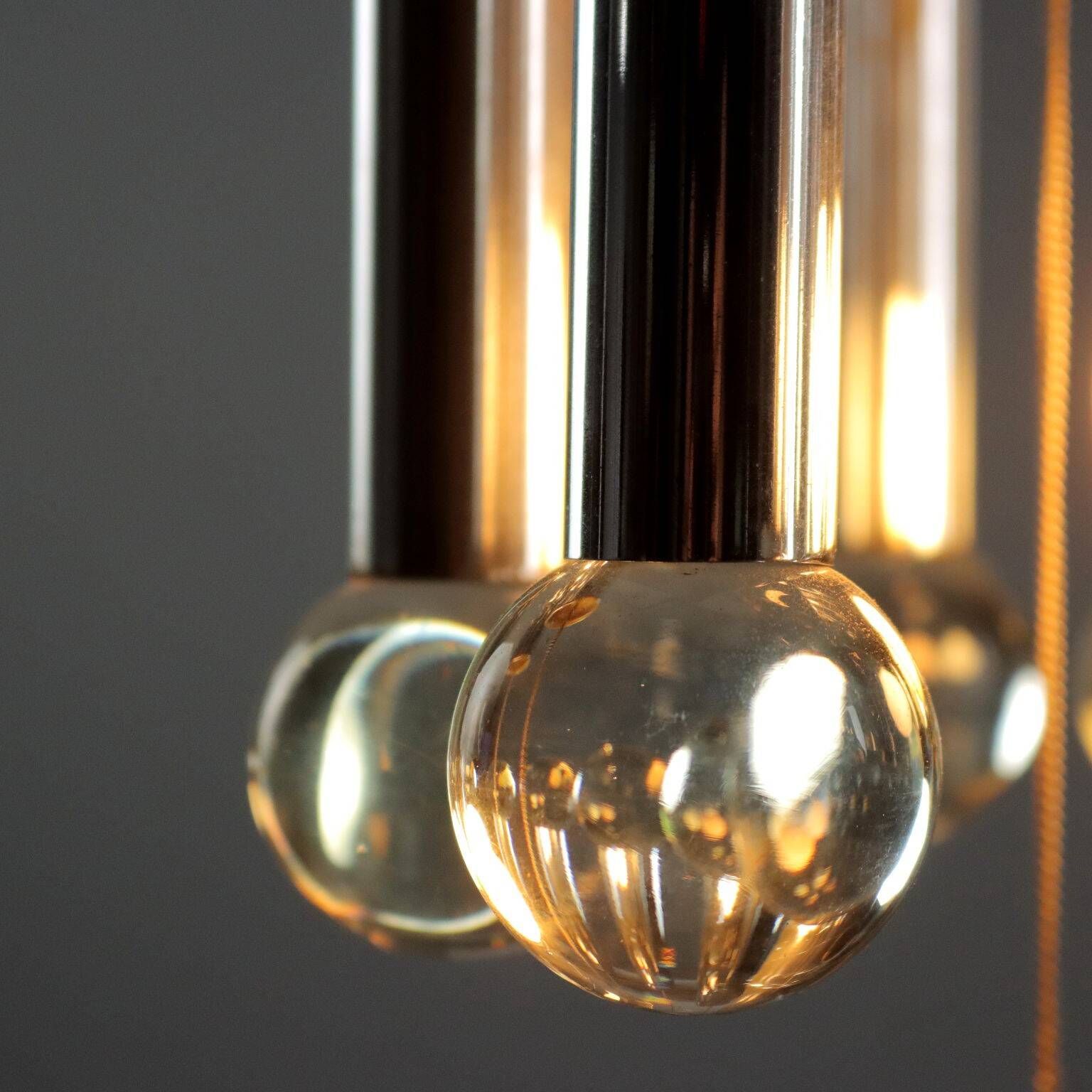 Vintage Italian chandelier, chrome-plated metal and glass design, original