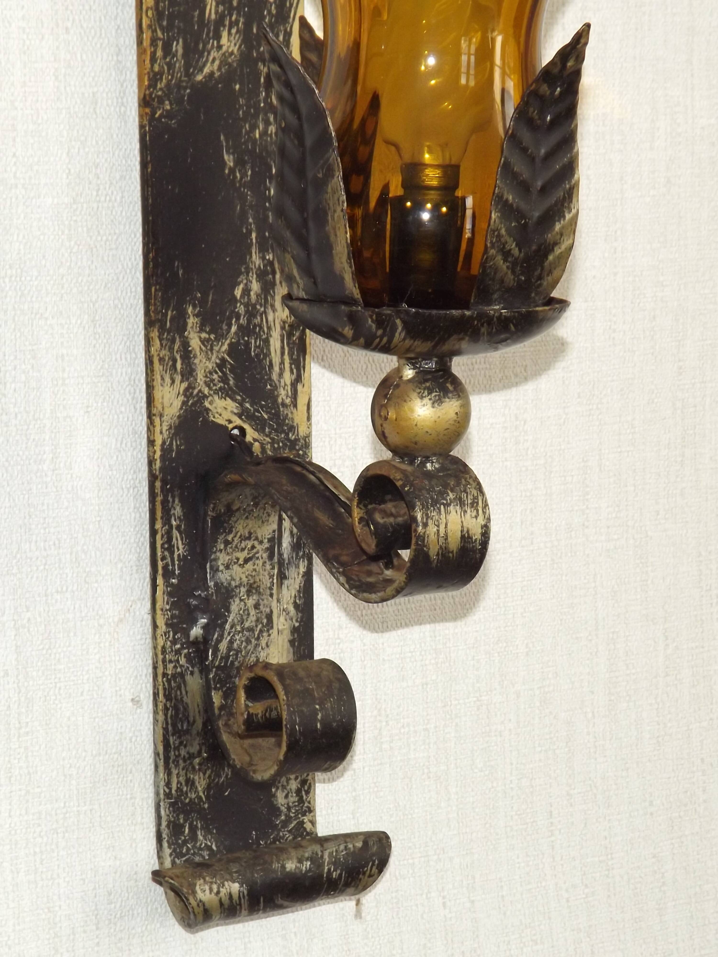 Pair Hand Forged Wrought Iron Medieval Style Wall Lights Amber Glass Shades