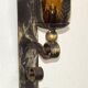 Pair Hand Forged Wrought Iron Medieval Style Wall Lights Amber Glass Shades