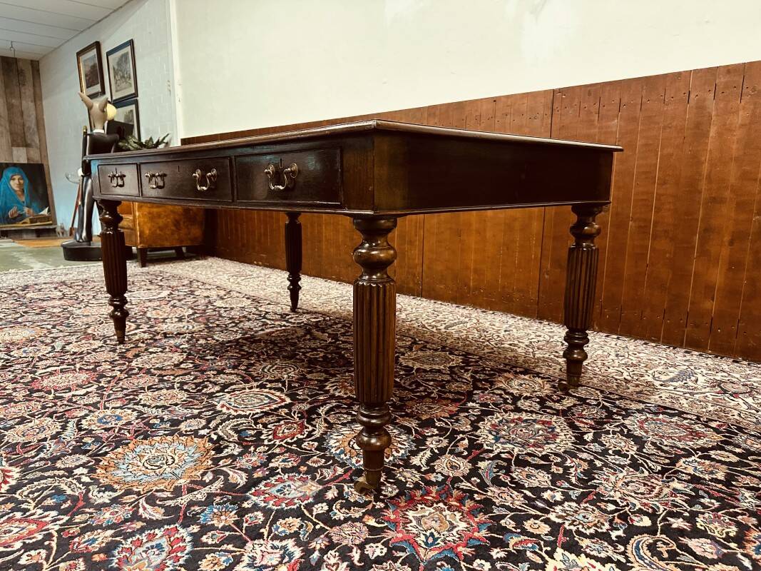 Old English Writing Desk with black leather top