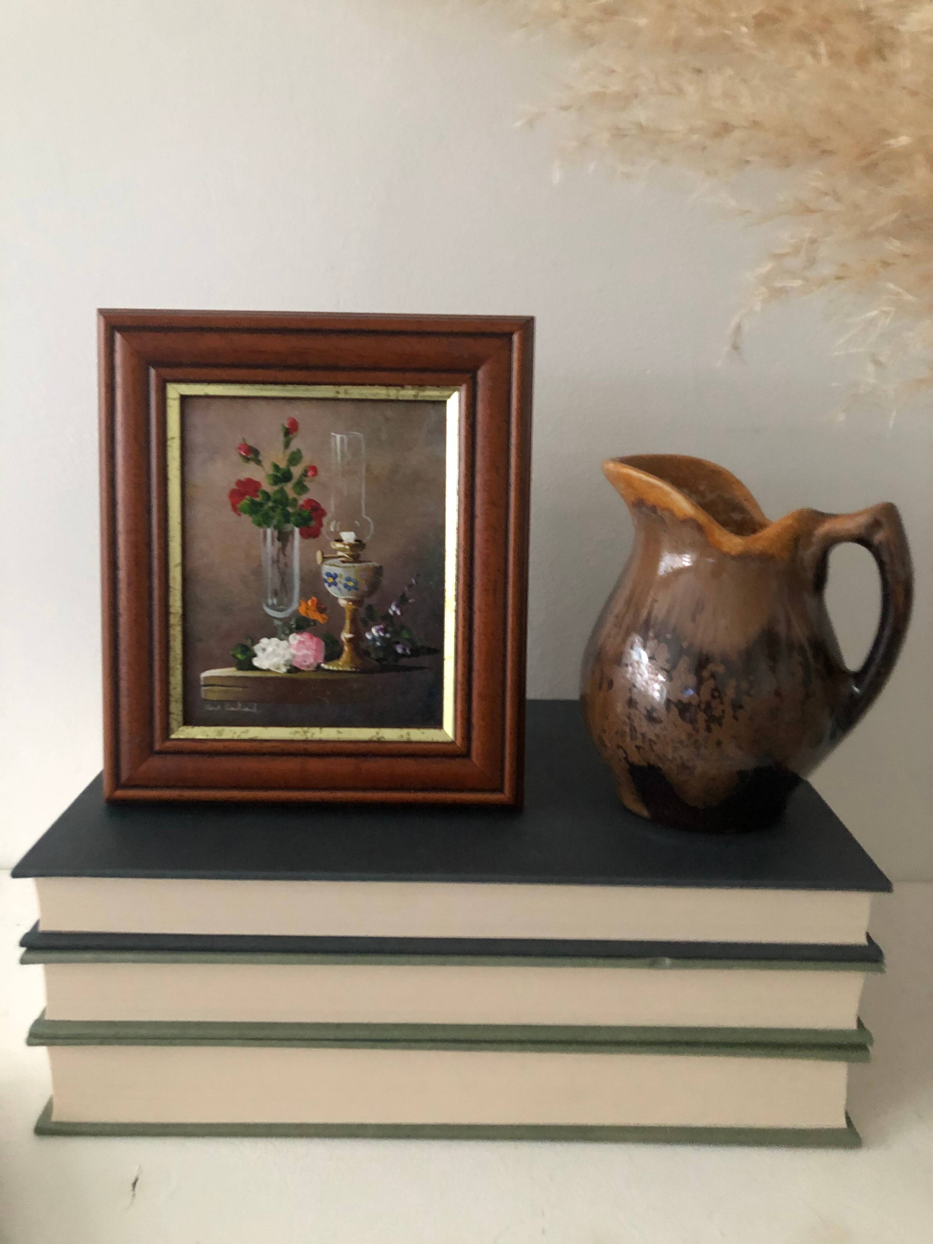 Small Painting, Flowers and Oil Lamp, Signed, 1970s
