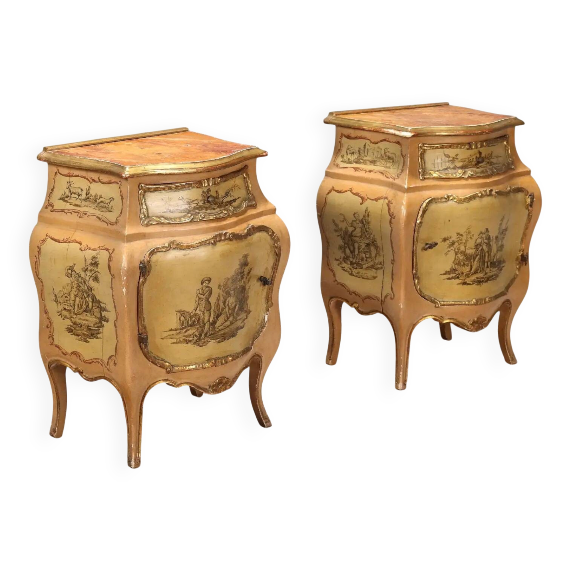 Antique bedside tables in Baroque style, wooden, Italy, 20th century.