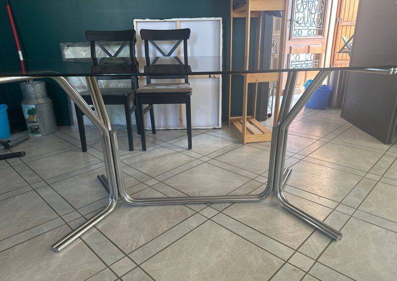 Large 70s dining table – chrome base and glass top