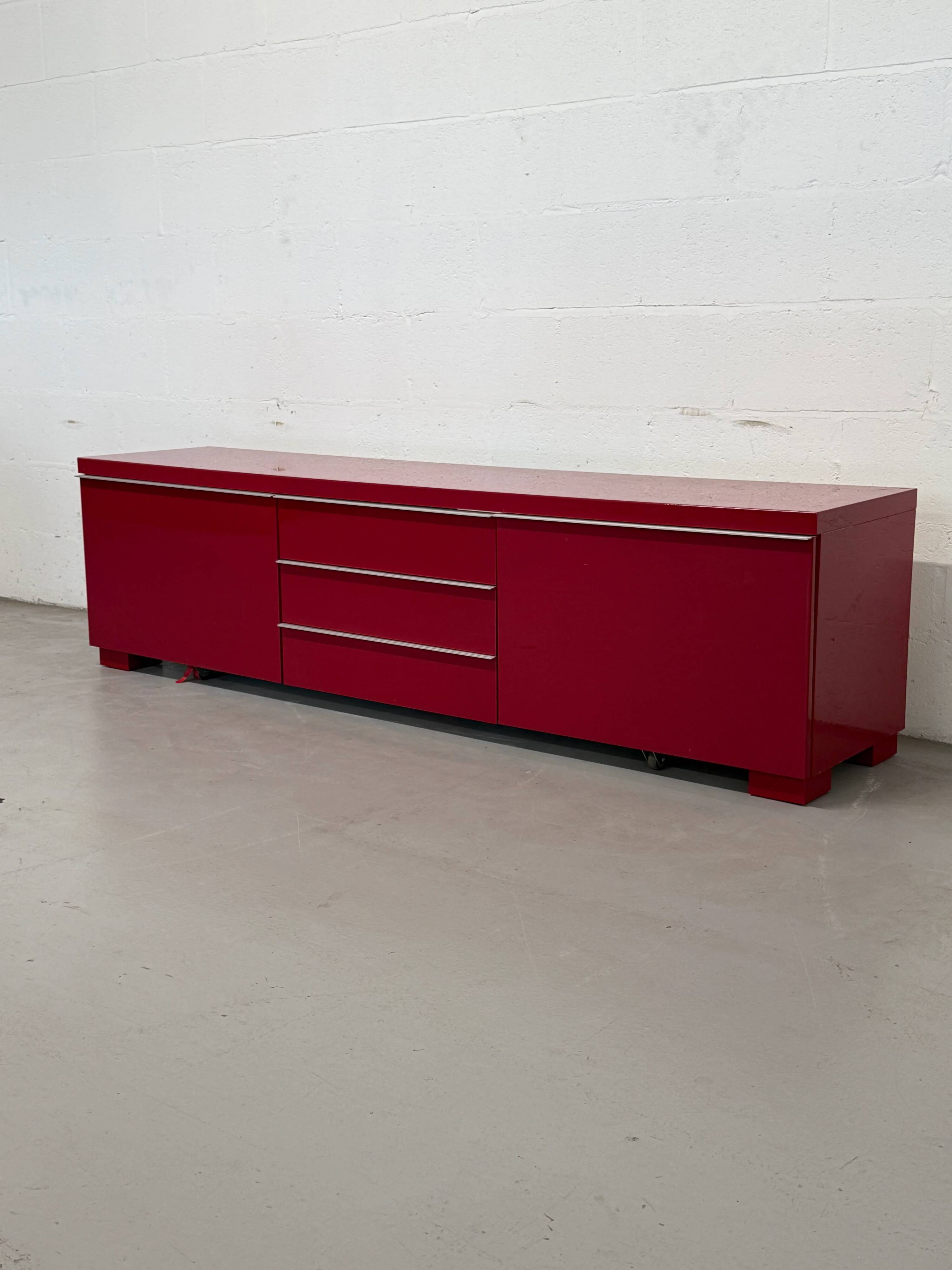 Glossy red semi-vintage lacquered IKEA sideboard with drawers