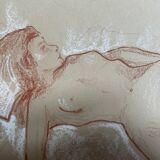 Tableau signé sanguine portrait féminin « la sieste »