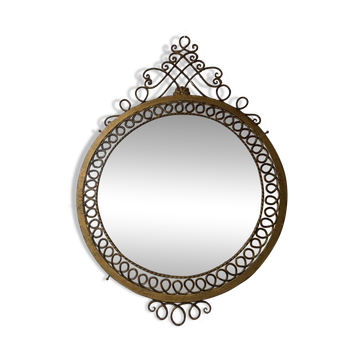 Miroir mural rond - Métal doré à volutes - Style classique - Années 1950