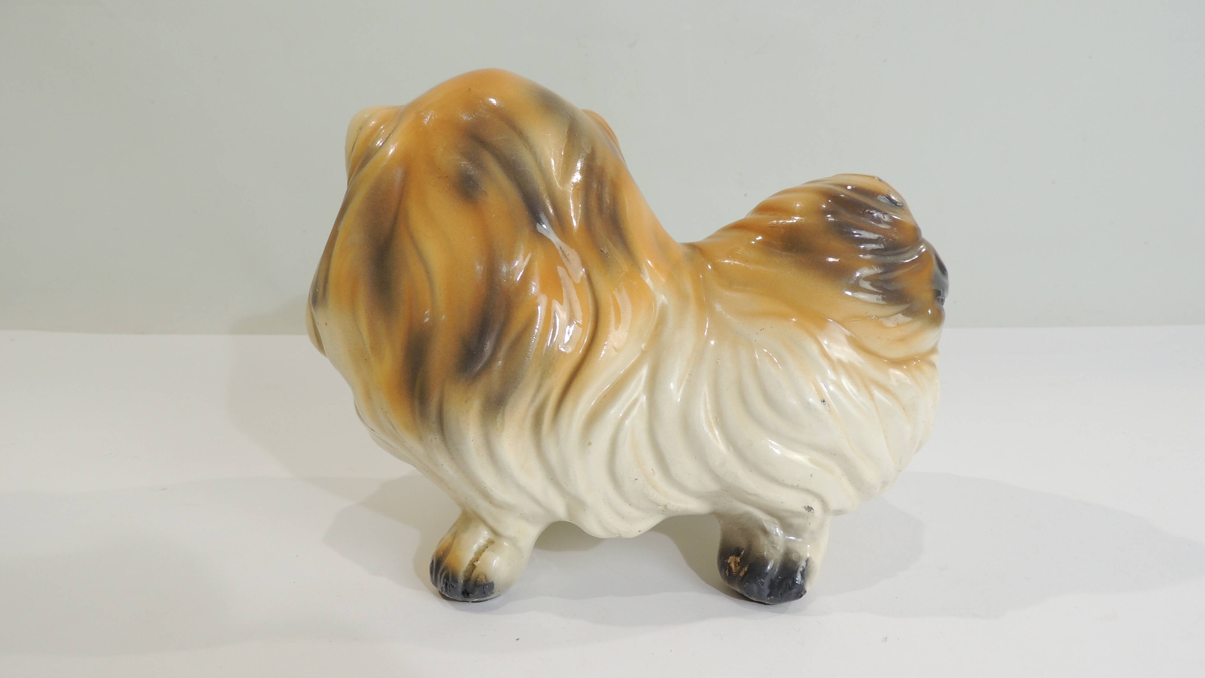 Vintage 1970s ceramic Pekingese dog, decorative figurine, statue.
